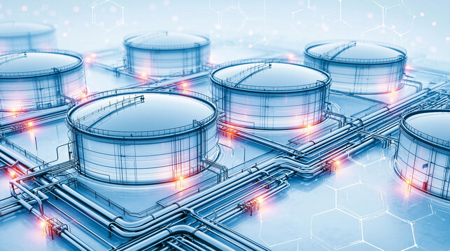 Digital illustration of futuristic industrial storage tanks connected by pipelines with glowing highlights and a hexagonal network overlay.
