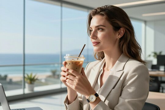 Young Woman As Main Subject Positioned In Indoor Office Setting With Large Windows Revealing View Of Beach Coastal Area On Clear Day To