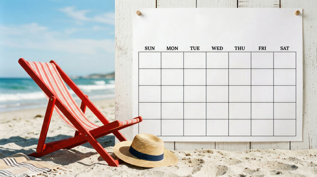 A white calendar hangs on a weathered wooden wall next to a beach. A red beach chair and a straw hat are placed on the sandy beach in the foreground.