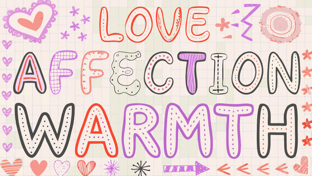 Hand drawn typography featuring the words love affection and warmth with decorative floral elements hand drawn hand lettered handwriting