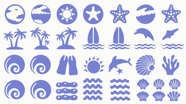 Collection Of Beach Icons Featuring Sun Palm Trees Waves And Marine Life In Blue Tones beachcombing beaches