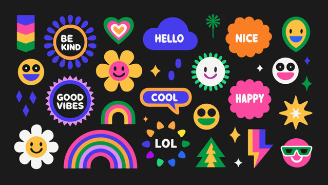 Collection Of Colorful Flat Icons Featuring Positive Messages Smiley Faces And Floral Shapes affirmation cheerful communication contentment