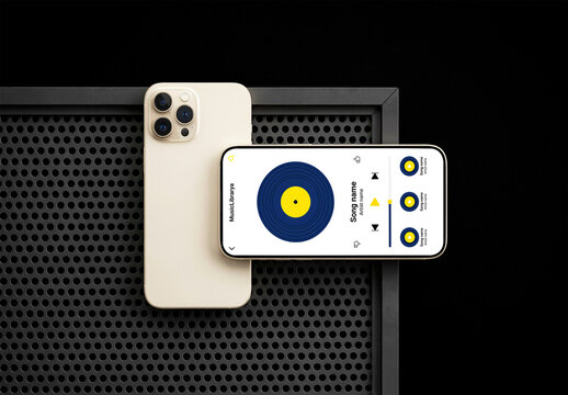 Smartphone mockup with music app on black mesh background