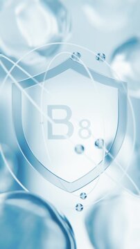 Inositol Vitamin B8 blue shield symbol in 3D animation. Cellular signaling molecular structure background with transparent liquid cells for neuroscience and chemistry video