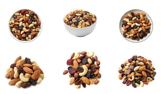 Collection of bowl trail mix, perfect for a quick snack on a hike. full length isolate on transparent background