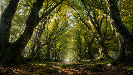 Obraz premium Green Forest Path with Dense Trees and Natural Light