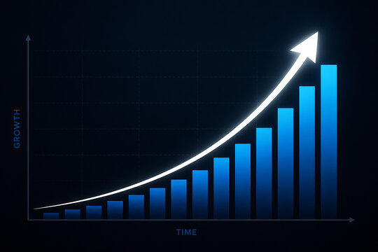 A dark-themed line and bar graph illustrates exponential growth over time.