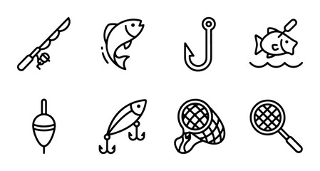 Fishing Icons Set, Vector Graphics, Angling Equipment, Outdoor Recreation, Sport Fishing © Tanvir
