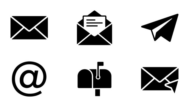 Email Icons Set, Communication Symbols, Mailbox, Envelope, Paper Plane, @ Symbol