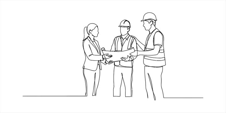 Continuous line drawing of architect and engineers working together on a construction project site looking at a paper blueprint plan