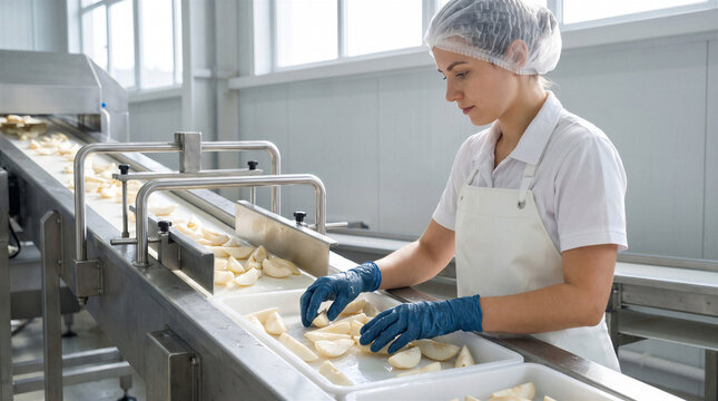 Female factory worker in protective uniform checking sliced apple pieces on a food production line