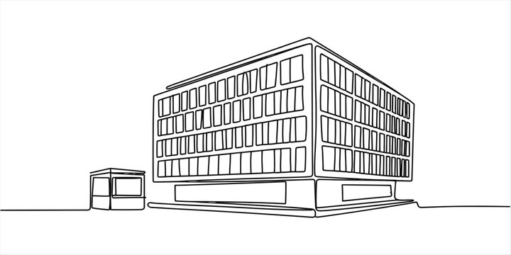 Simple line drawing of a modern office building with a small security booth
