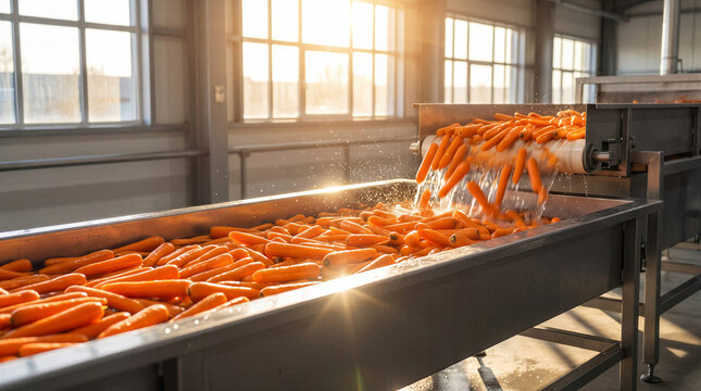 Industrial washing process of fresh organic carrots in a water tank at a food processing factory