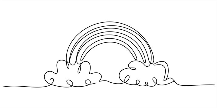 Continuous single line drawing of a rainbow and fluffy clouds in a simple minimalist style