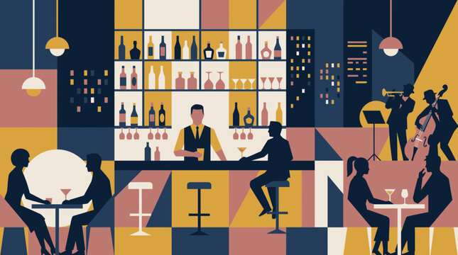 Geometric vector illustration of a jazz bar interior with a bartender serving customers and musicians playing instruments, representing nightlife entertainment or urban hospitality concepts