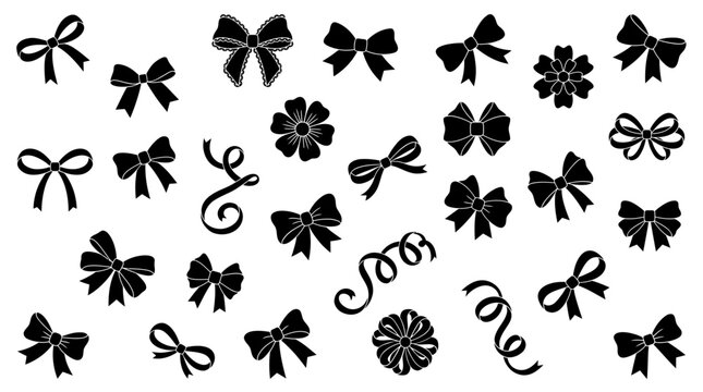Collection of black decorative bow silhouettes and curly ribbon elements isolated on white background, representing elegant gift wrapping design or festive celebration greeting card decorations