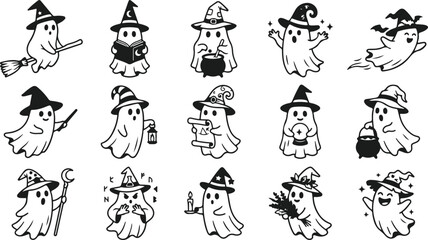 Obraz premium Collection of black and white ghost characters with witch hats and magical items