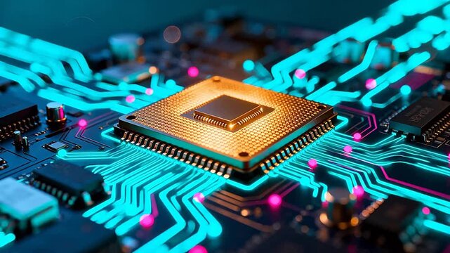 Closeup of a glowing circuit board