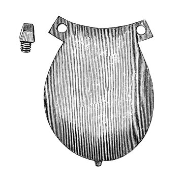 Lid for a therapeutic shoe with screw stud, old vintage illustration, 1889.