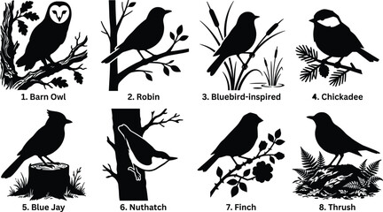 Bird Silhouette Collection Featuring Barn Owl Robin Bluebird Chickadee Blue Jay Nuthatch Finch and Thrush Vector Set © SHOJEB