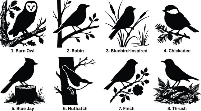 Bird Silhouette Collection Featuring Barn Owl Robin Bluebird Chickadee Blue Jay Nuthatch Finch and Thrush Vector Set