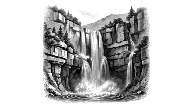 A serene waterfall cascading down rugged cliffs surrounded by lush trees and rocks.