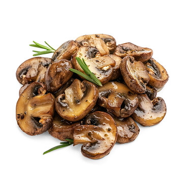 Sauted mushrooms with a golden-brown finish, perfect for garnishing. full length isolate on transparent background