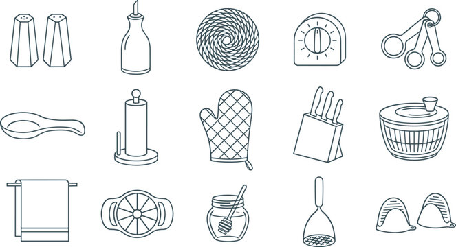Kitchen Accessories Collection with Cooking Utensils, Salt and Pepper Shakers, Knife Block, Oven Mitt, Timer and Household Equipment Vector Set