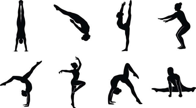 Artistic gymnastics and rhythmic dance silhouettes collection featuring athletic figures in flexible poses on white background