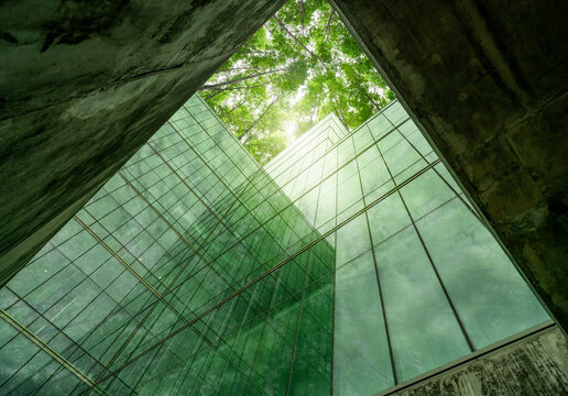 Eco-friendly building in modern city. Sustainable glass office structure with integrated greenery to reduce heat and carbon dioxide. Corporate architecture. Reducing CO2 emissions. Green environment.