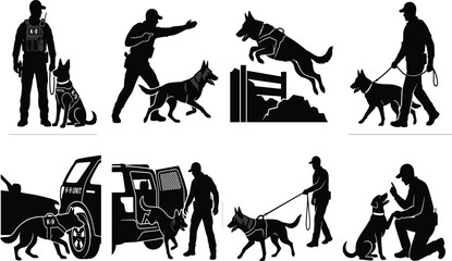 Police K9 Unit Silhouette Set Featuring Police Officer Handlers Training and Working with German Shepherd Dogs © MstRowshan