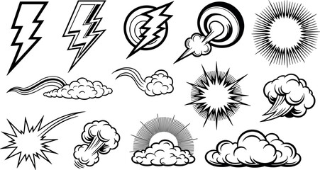 Comic book explosion burst clouds lightning bolts and retro pop art flash speed dynamic element vector icon set © Kalpona