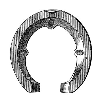 Horseshoe engraving with detailed fullering and nail holes, old vintage illustration, 1897.