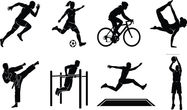Vector silhouettes set of diverse athletes and people practicing different sports fitness activities and gymnastics