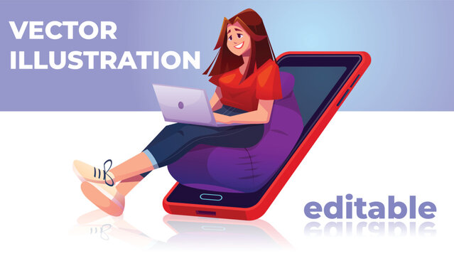 Woman with Laptop Sitting on Beanbag Inside Smartphone Illustration