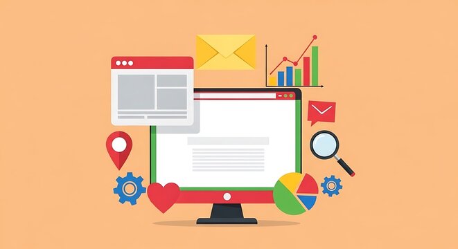 A graphic illustration of a computer surrounded by various design and technology icons on a peach background, featuring a browser window, email envelope, and graphs.