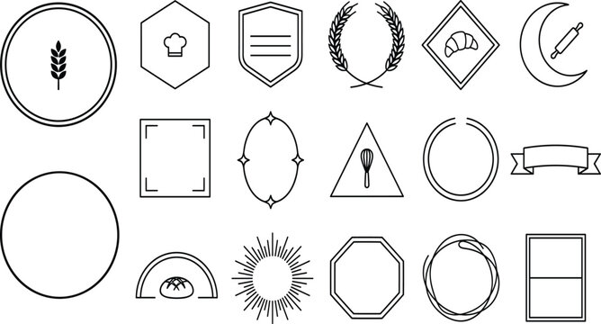 Minimal Bakery Badge and Label Frame Collection with Wheat, Croissant, Chef Icons, Decorative Borders and Outline Emblem Vector Set