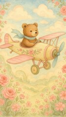 Obraz premium Cute bear flying plane mobile wallpaper