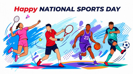 Obraz premium Happy National Sports Day banner with diverse athletes playing badminton tennis basketball and soccer in energetic artistic style for sports event and fitness celebration.