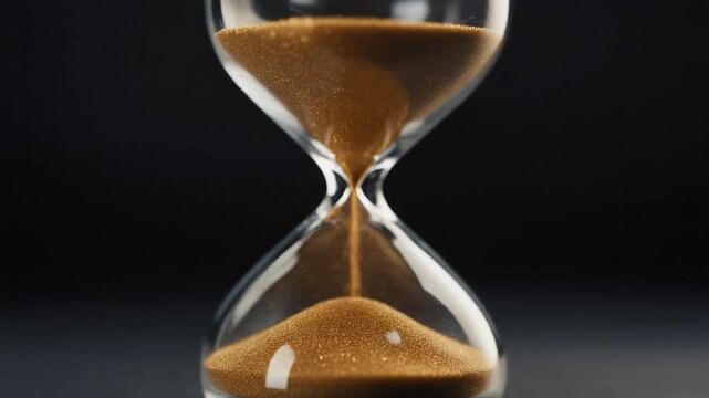 Cinematic close-up of golden sand hourglass slowly emptying, sparkling grains flowing down, symbolizing time passing, urgency, and finite resources