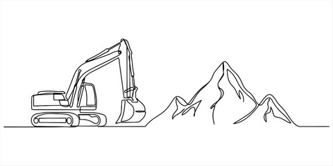 Continuous single line drawing of an excavator digging near a mountain range © DCB Line Stocker