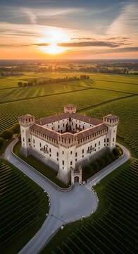 Aerial view of historic castle surrounded by moat.