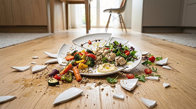 Broken plate with food spilled on the floor