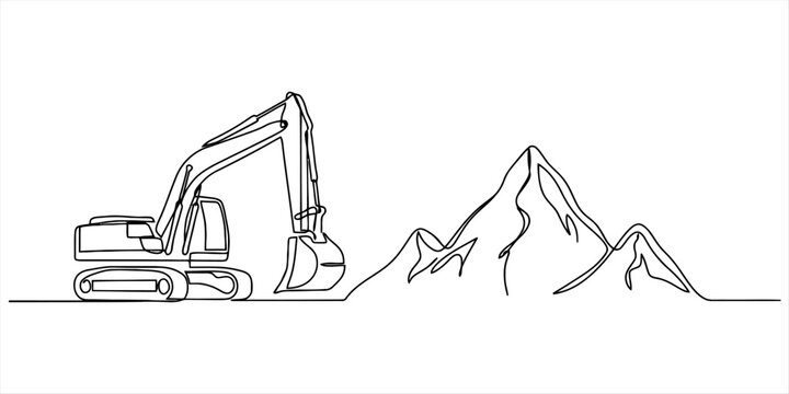Continuous single line drawing of an excavator digging near a mountain range