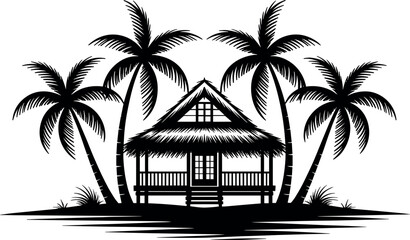 Obraz premium Tropical beach hut bungalow black silhouette vector illustration surrounded by palm trees isolated on white background scene