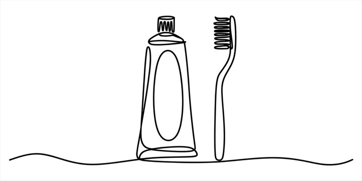 Continuous single line drawing of a toothbrush and a tube of toothpaste for dental hygiene care and daily teeth cleaning routine concept art