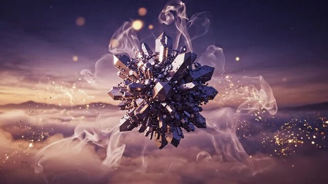 Dynamic Snowflake Transformation in a Mystical Sky Scene.