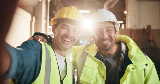 Selfie, smile and team of construction workers together at site for engineering, building or laugh. Men, picture or face for about us, social media or property development with safety compliance