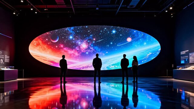 People viewing cosmic display in exhibition