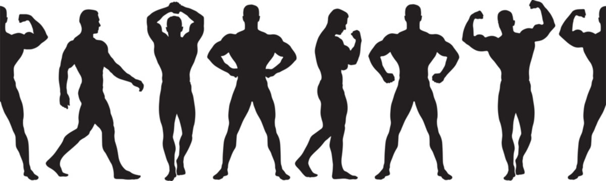 Bodybuilding silhouette collection showing muscular men in various poses for gym fitness and strength training promotion isolated on transparent background.